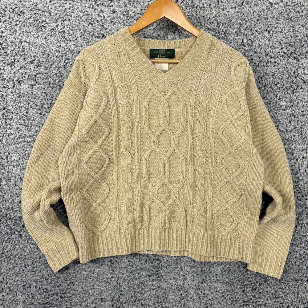 Vintage Orvis Fisherman Sweater Womens XL Cable Knit Acrylic V Neck Pullover